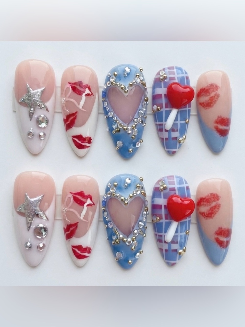 Sabrina Carpenter Inspired Romantic Blue Heart & Red Lip Press-On Nails